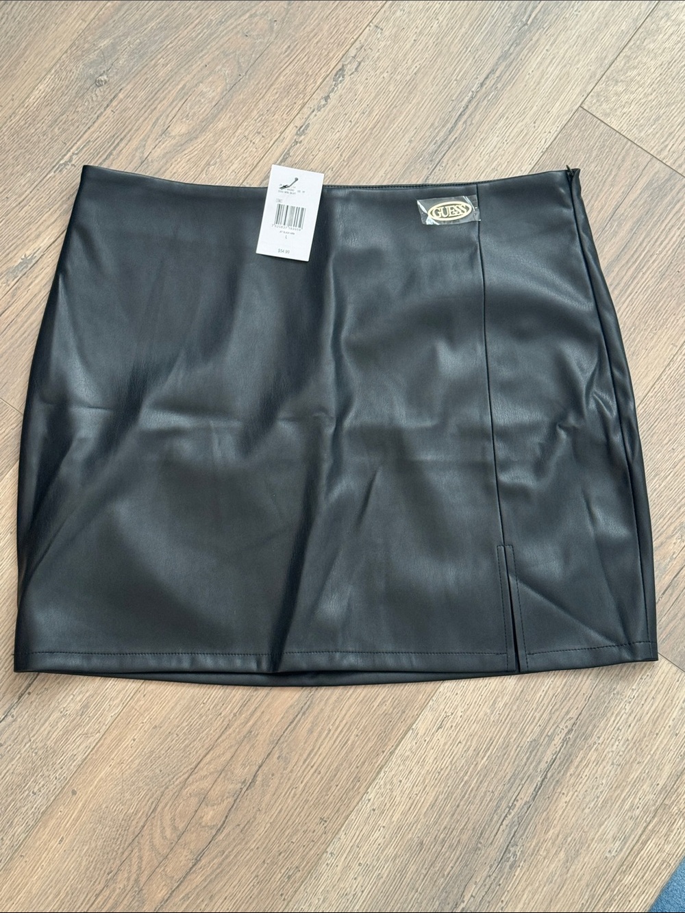 GUESS Black Faux Leather Mini Skirt with Gold Logo Accent